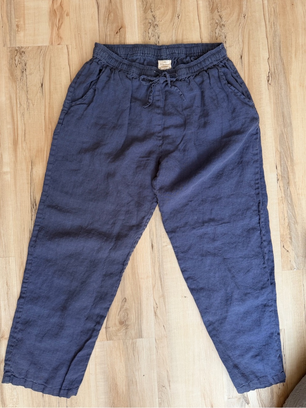 Vilagallo 100% European Washed Linen Navy Blue Drawstring Pants Size M